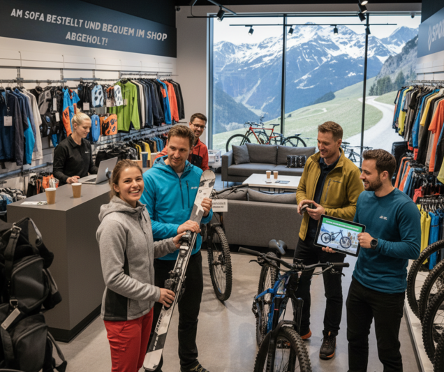 Päarchen holt sich die vom Sofa aus bestellten Ski und Räder bequem im Shop ab