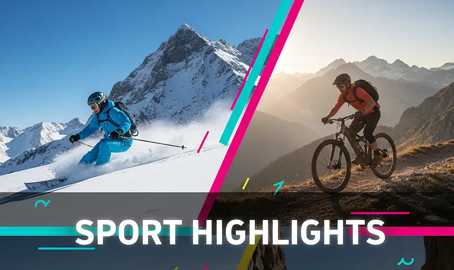 Sport Exklisiv Header mit Skifahrer und Mountainbiker auf dem Weg den Berg hinunter